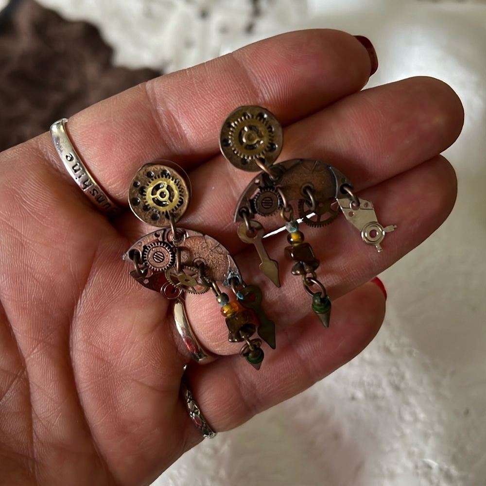 Steampunk Watch Clock Dangle Earrings Post Gears … - image 4